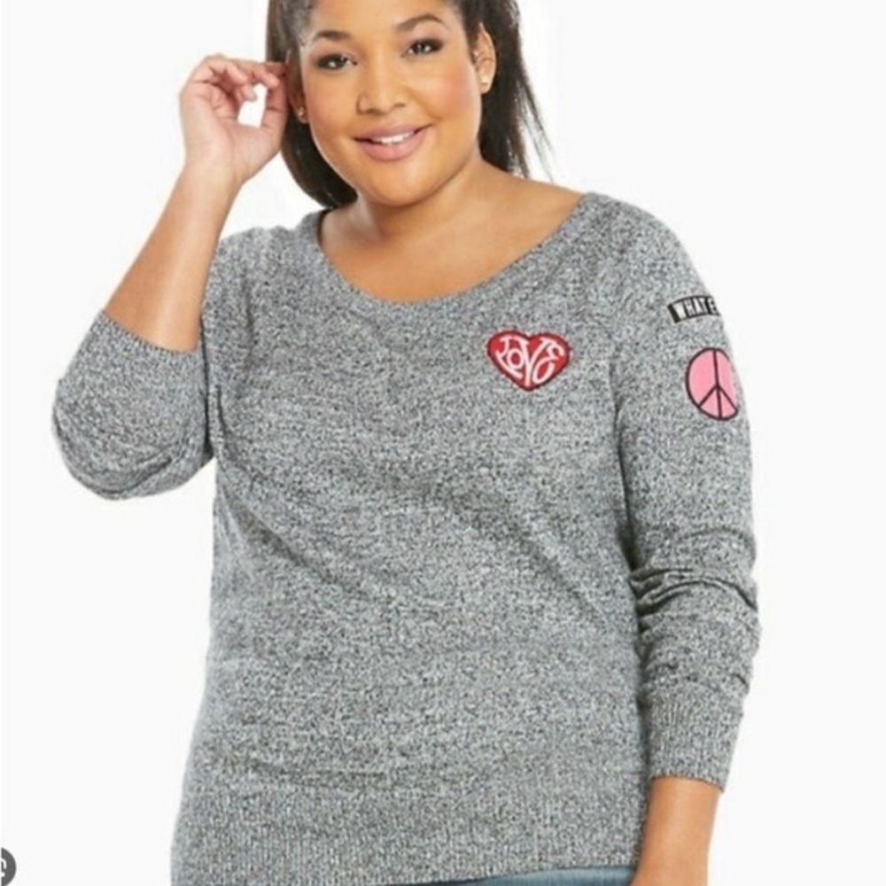 Torrid Y2K Patches Love Peace Sign Sweater Pullover Black Heather Size 2 2X